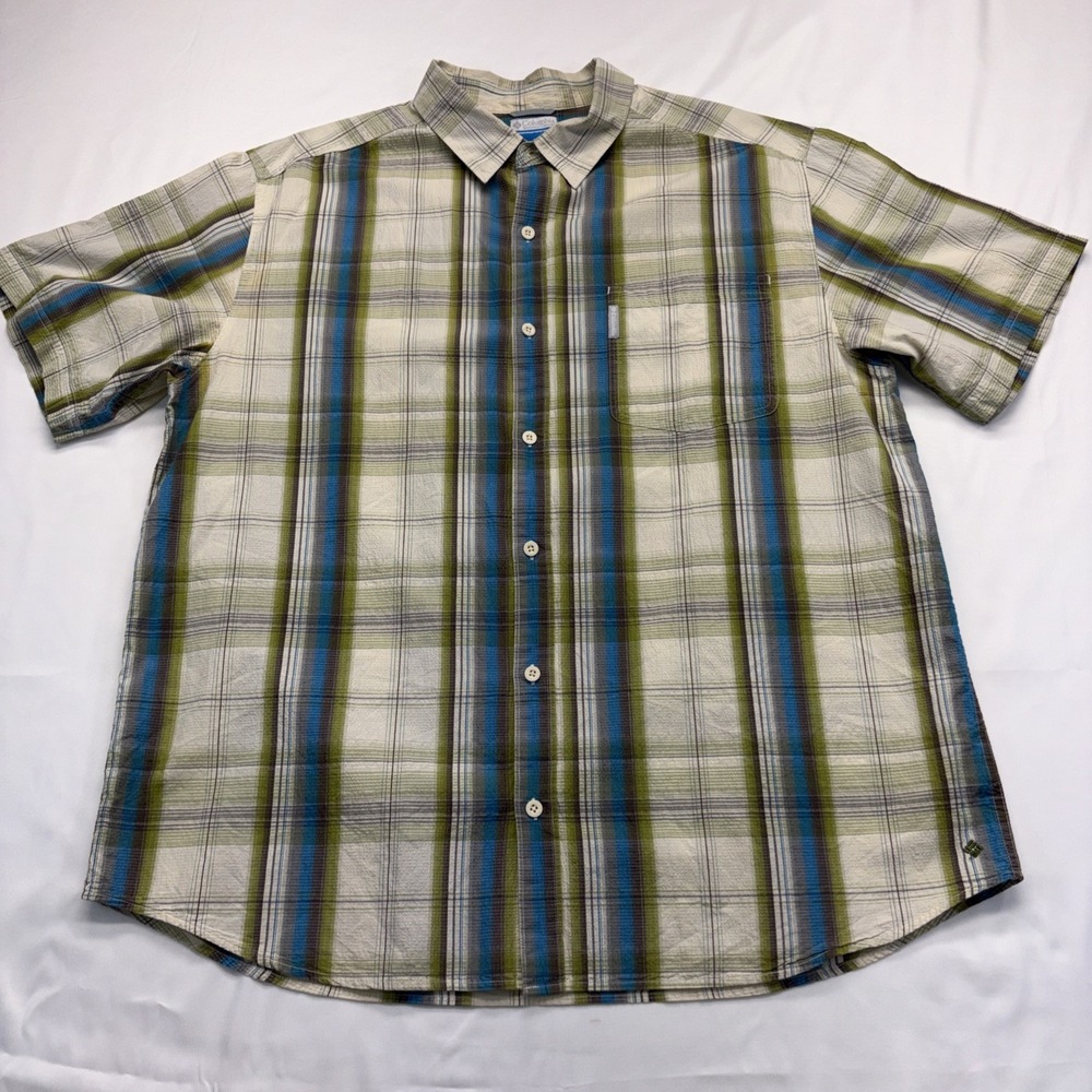 Columbia Shirt Men's XXL Yellow/Blue Plaid Seersucker Short Sleeve